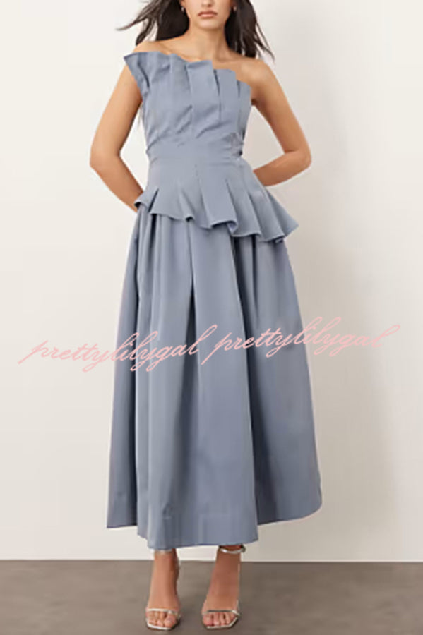 Fashionable Chic Off Shoulder Structured Pleat Corset A-line Midi Dress