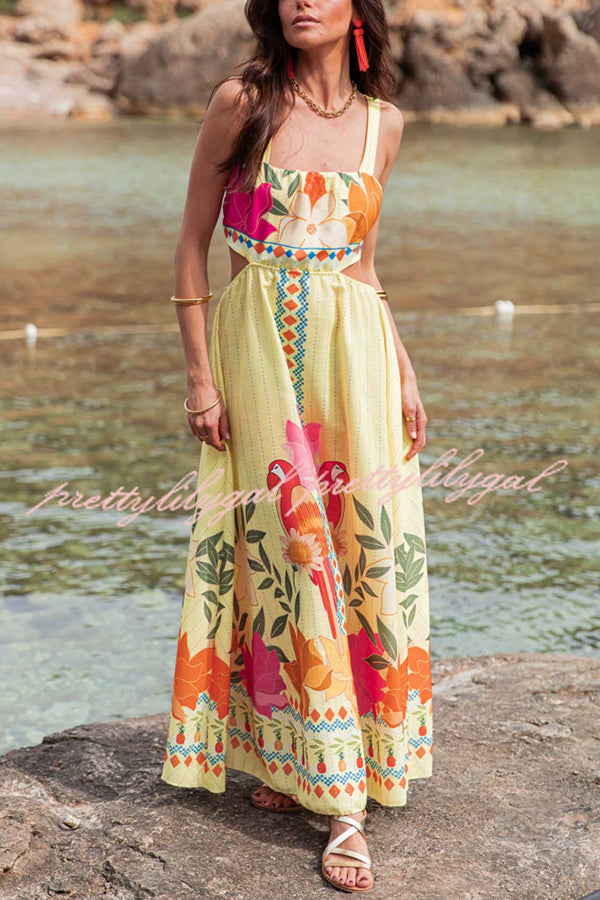 Resort Style Unique Print Sexy Square Neck Backless Waist Maxi Dress