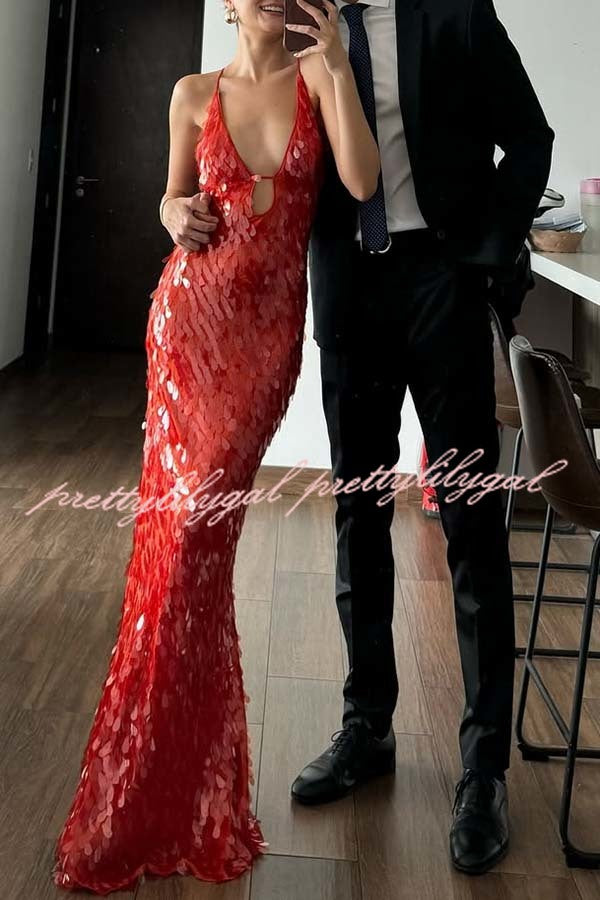 Reshape Beauty Fish Scale Sequin Cutout U-neck Slip Maxi Dress
