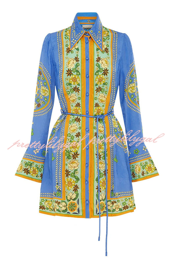 Katia Satin Unique Print Shaped Collar Tie-up Waist Shirt Mini Dress