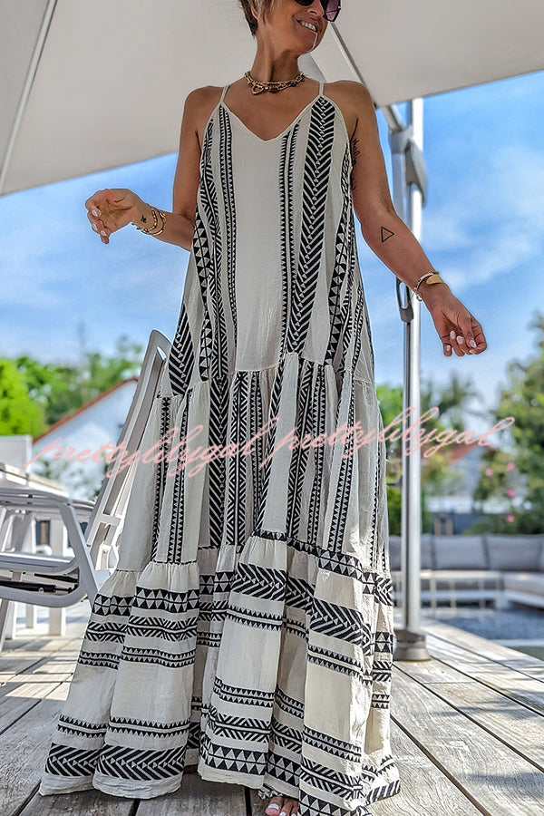 Away on Vacay Ethnic Print A-line Cami Maxi Dress