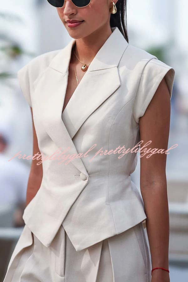 Raya Single Button Cape Sleeve Tie-up Lapel Top and  Pleated Waist Pocket Pants Set