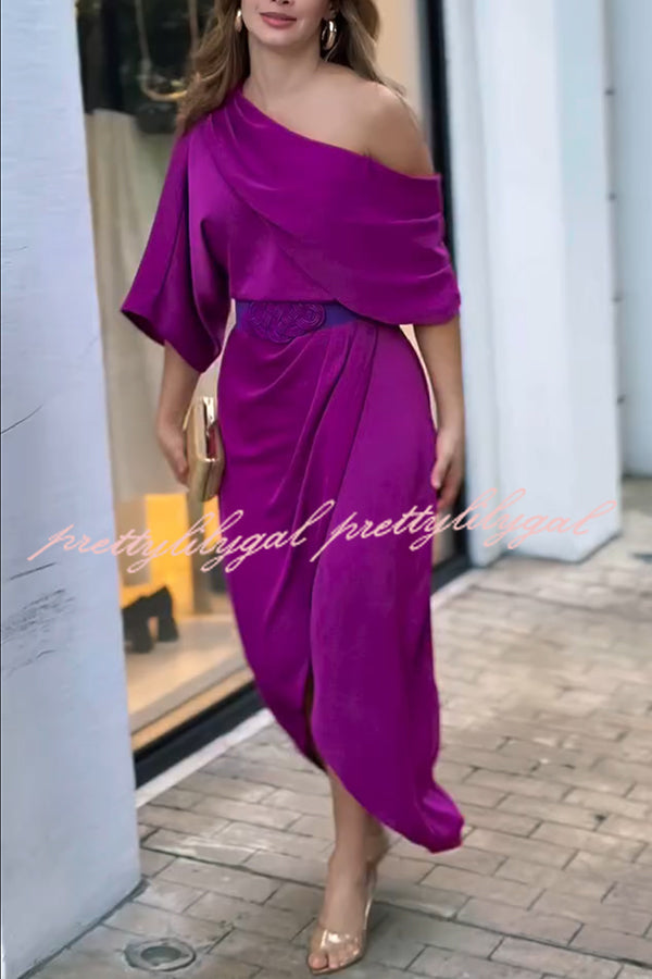 Whispered Yes Satin Irregular Lapel Neckline Design Ruched Maxi Dress