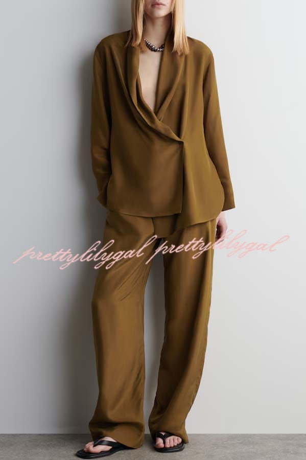Bella Satin Drape Collar Single Button Casual Blazer and Elastic Waist Pocket Loose Pants Set