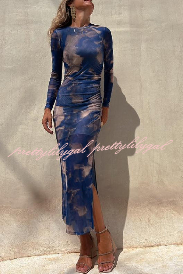 Charm Lady Mesh Overlay Tie Dye Print Long Sleeve Ruched Stretch Midi Dress