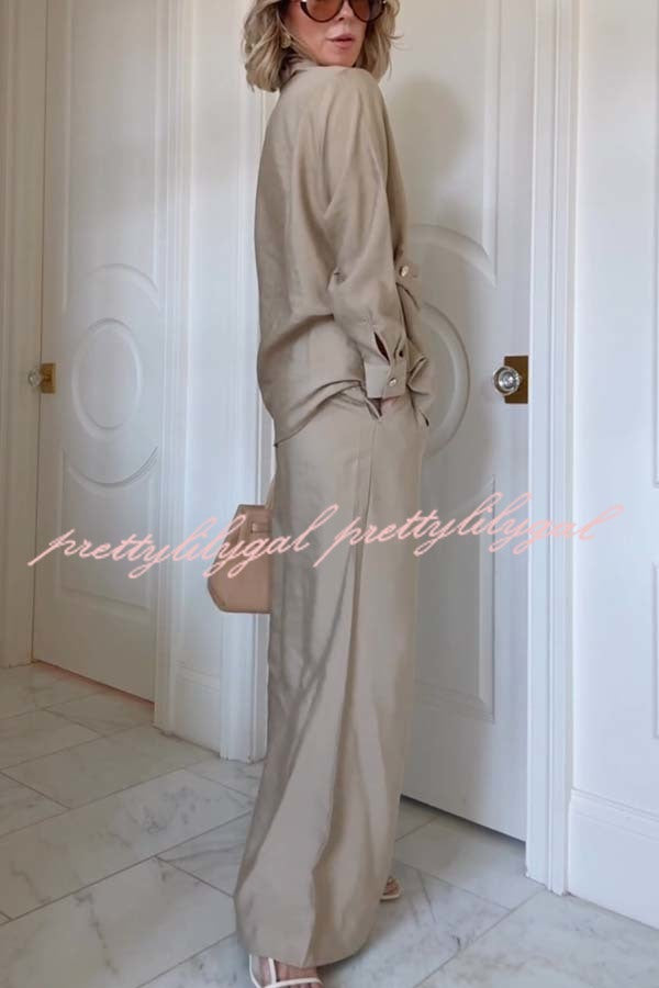 Juliette Cross-front Button Up Long Sleeve Shirt and Elastic Waist Pocket Loose Pants Set