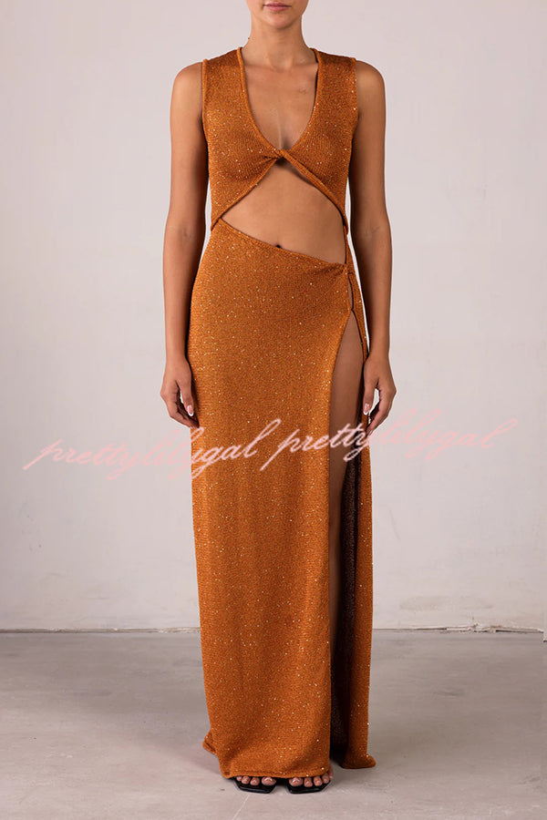 Beautiful Figure Shiny Knit Fabric Cutout Side Slit Stretch Vacation Maxi Dress