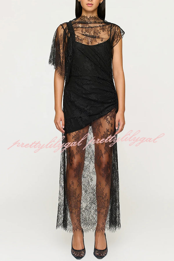 Romantic Statement Lace One Shoulder Bell Sleeve Asymmetrical Maxi Dress