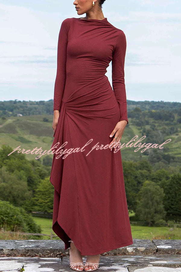 Venus Long Sleeve Ruched Side Slit Drape Ruffles Back Lace-up Stretch Maxi Dress