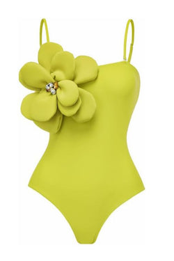 Solid Color Large Flower Decoration Sling Stretch One-piece Swimsuit