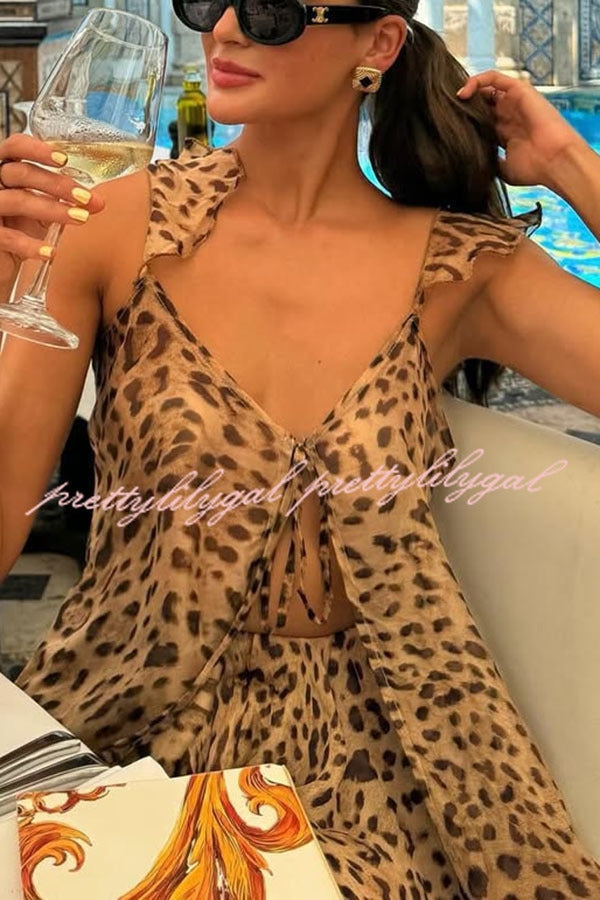 Immerse Vacation Leopard Tie-up Slit Midi Top and Elastic Waist Shorts Set