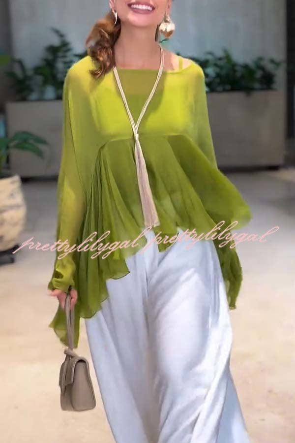 Romantic Journey Chiffon Ruffle Batwing Sleeve Top and Elastic Waist Pocket Loose Pants Set