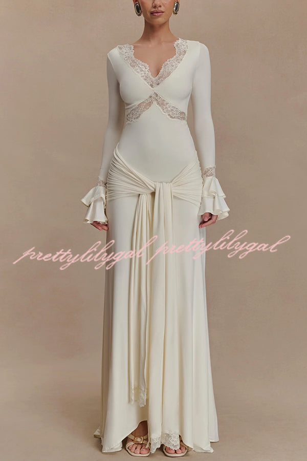 Fashion Lace Splicing Sexy V-neck Long-sleeved Slim Maxi Dress