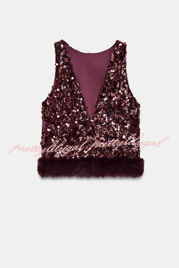 Gala Goddess Sequin Faux Fur Trim Crew Neck Sleeveless Loose Top