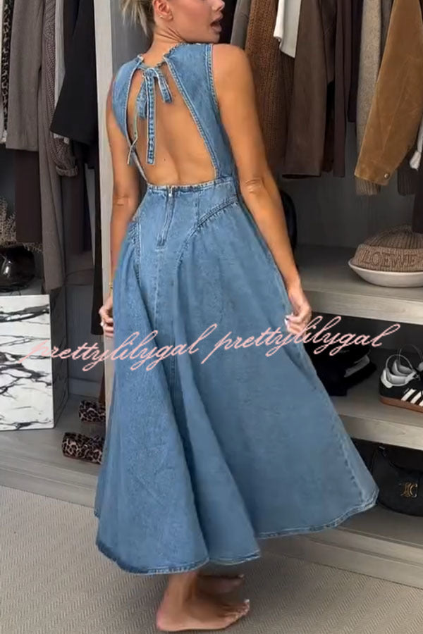 Classic and Stylish Denim Open Back Tie-up Gathered Hip Stretch Midi Dress