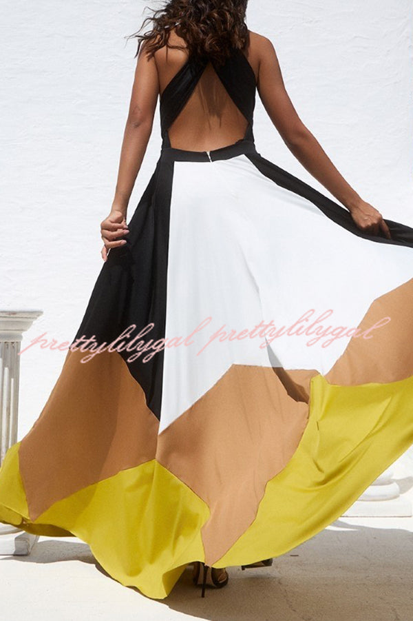 Fashion Colorblock Sexy Backless Tie Waist Full Hem Maxi Dress