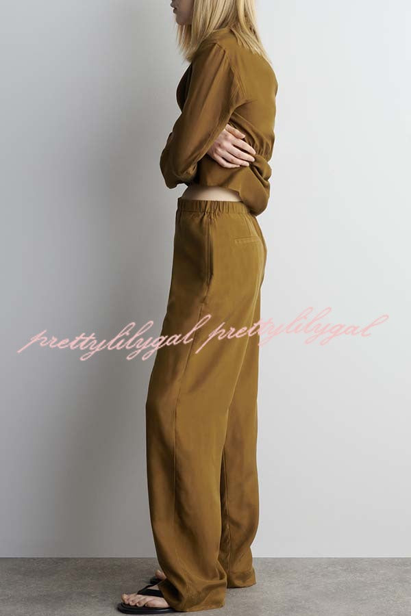 Bella Satin Drape Collar Single Button Casual Blazer and Elastic Waist Pocket Loose Pants Set
