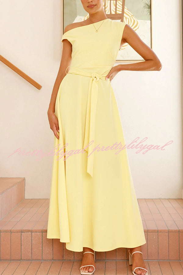 Solid Color Sloped Collar Slim Fit Waist Lace Up Full Hem Maxi Dress