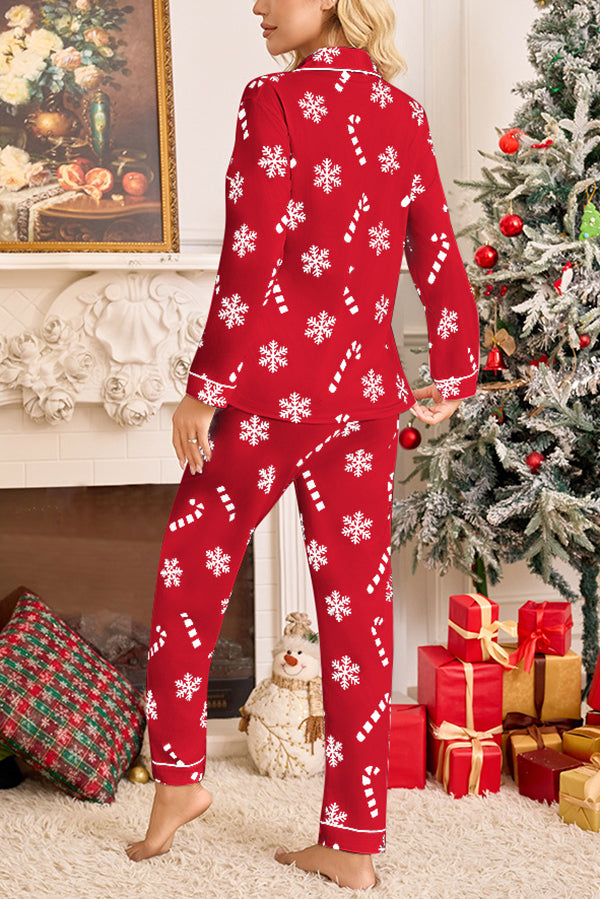 Snowflake Candy Print Casual Long-sleeved Shirt and Elastic Waist Pants Set