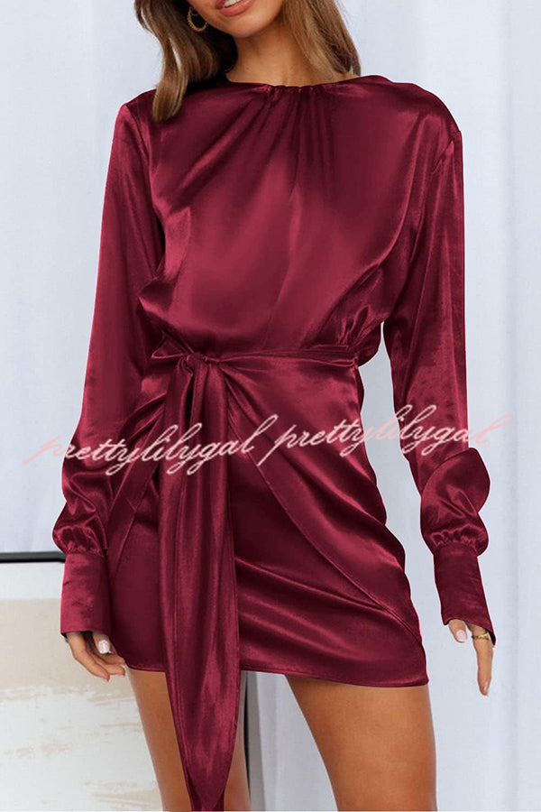 Satin Round Neck Long Sleeve Elastic Tie Mini Dress