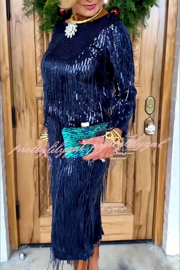 Insight Blueberry Sequin Fringe Long Sleeve Blouse