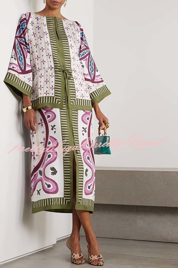 Texture and Elegance Satin Unique Print Bell Sleeve Drawstring Waist Slit Midi Dress