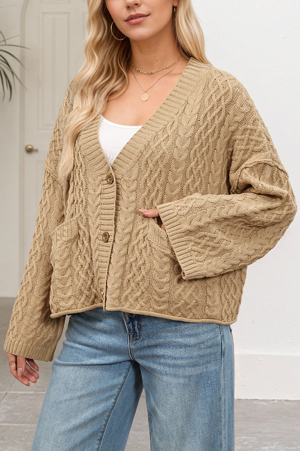 Solid Color Loose V-neck Long-sleeved Casual Pocket Knitted Cardigan