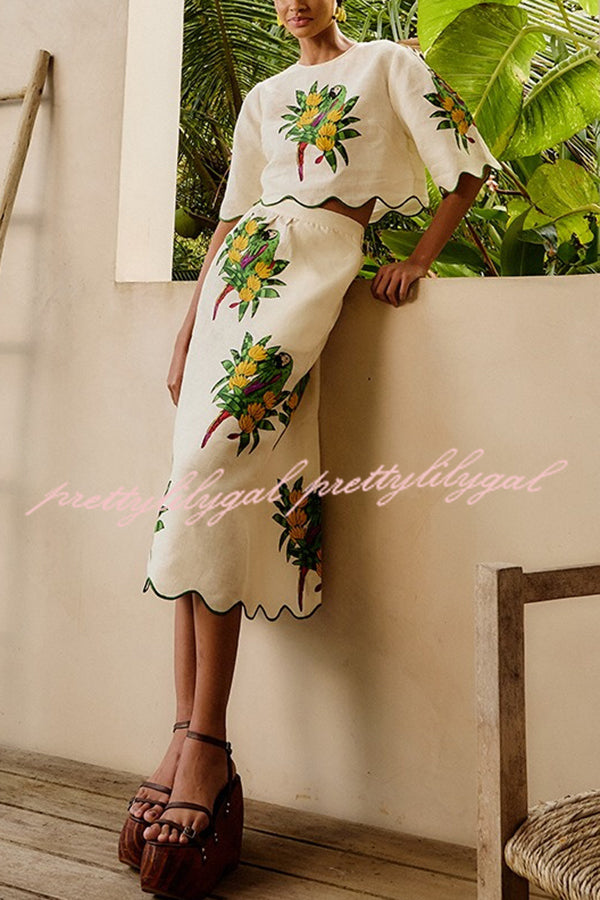 Parrot Print Round Neck Loose Crop Top and Elastic Waist Pocket Casual Midi Skirt Set