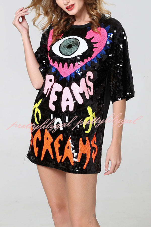 Love Eyes Letters Sequined Round Neck Short Sleeve Mid-Length Loose T-Shirt