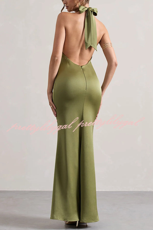 Solid Color Halter Neck Tie Sexy Backless Slim Maxi Dress