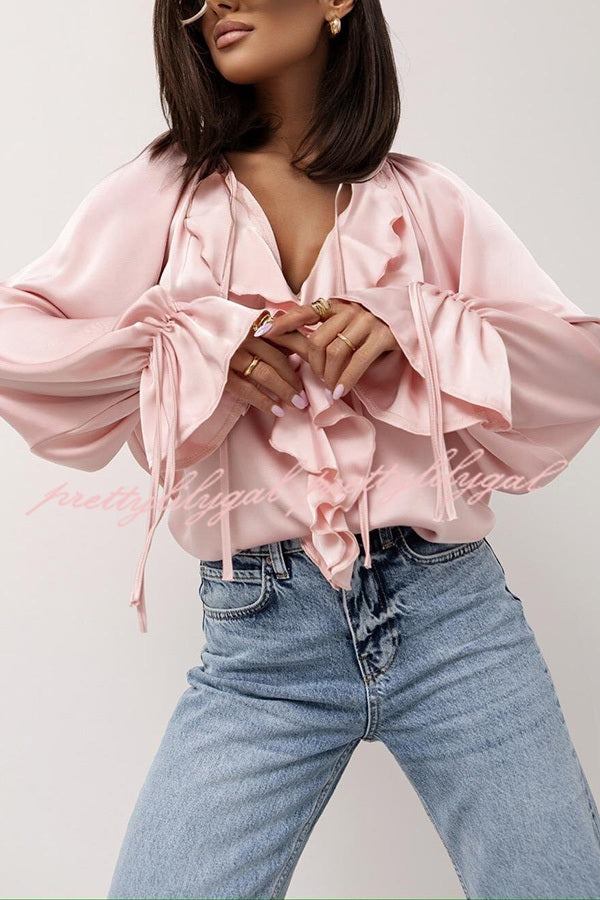 Satin Solid Color V-neck Tie Ruffle Casual Shirt