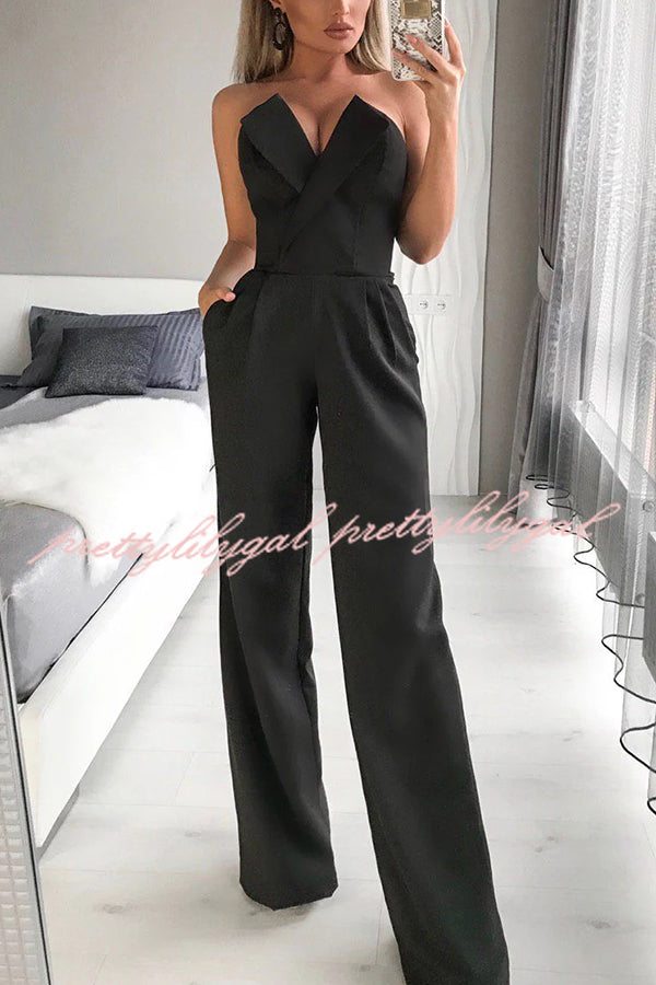 Tuxedo-style Off Shoulder Pocket Wide Leg Formal Jumpsuit