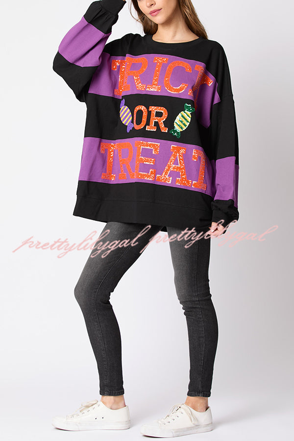 Halloween Letter Sequined Color Block Loose Casual Sweatshirt