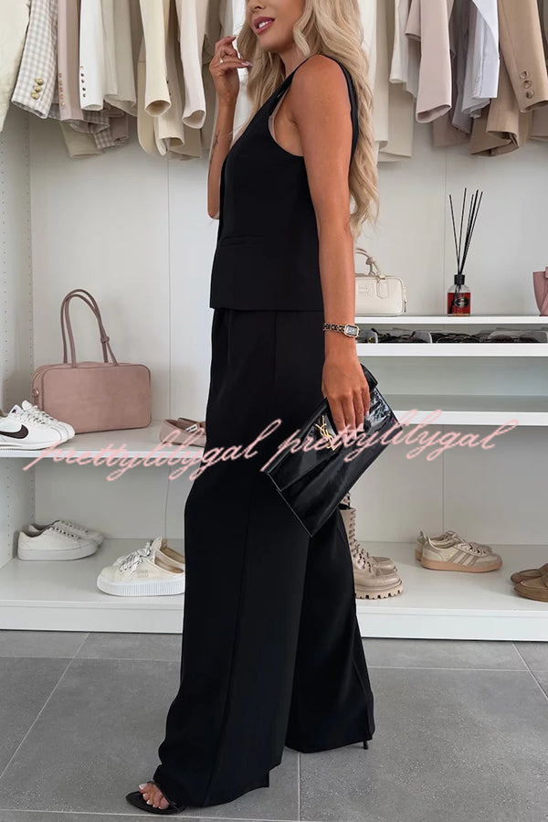 Workplace Chic Sleeveless Button Vest and Relaxed Pocket Wide Leg Pants Set