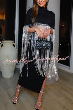 New Level Shiny Tassel Stand Neck Crop Cape Blouse