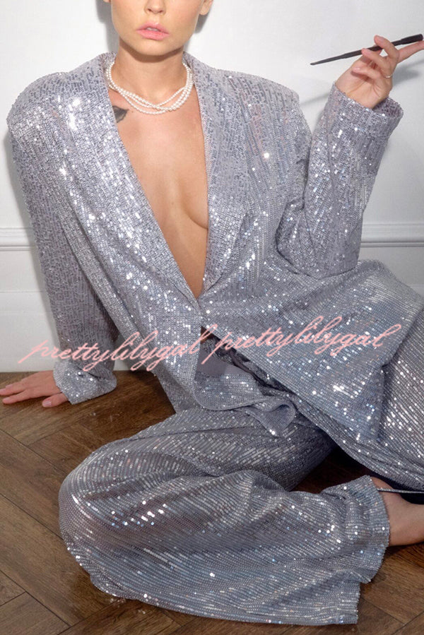 Solid Color Sequin Long Sleeve Party Blazer