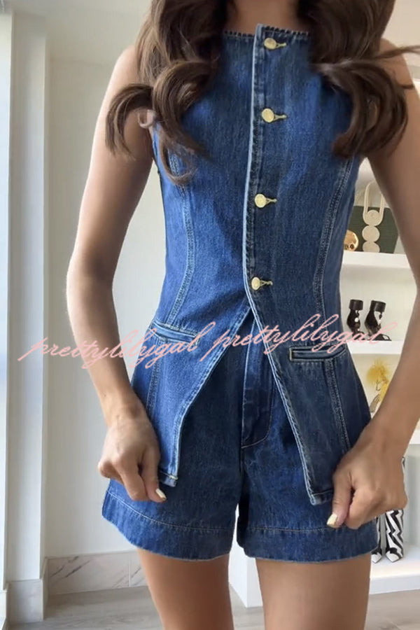 Abel Denim Button Up Princess Seams Pocket Vest Top