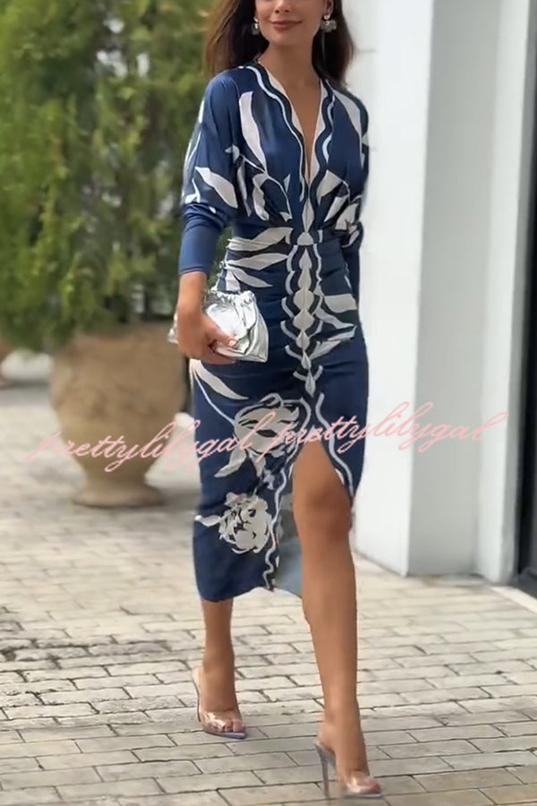 Caliana Unique Print Dolman Long Sleeve Ruched Slit Midi Dress