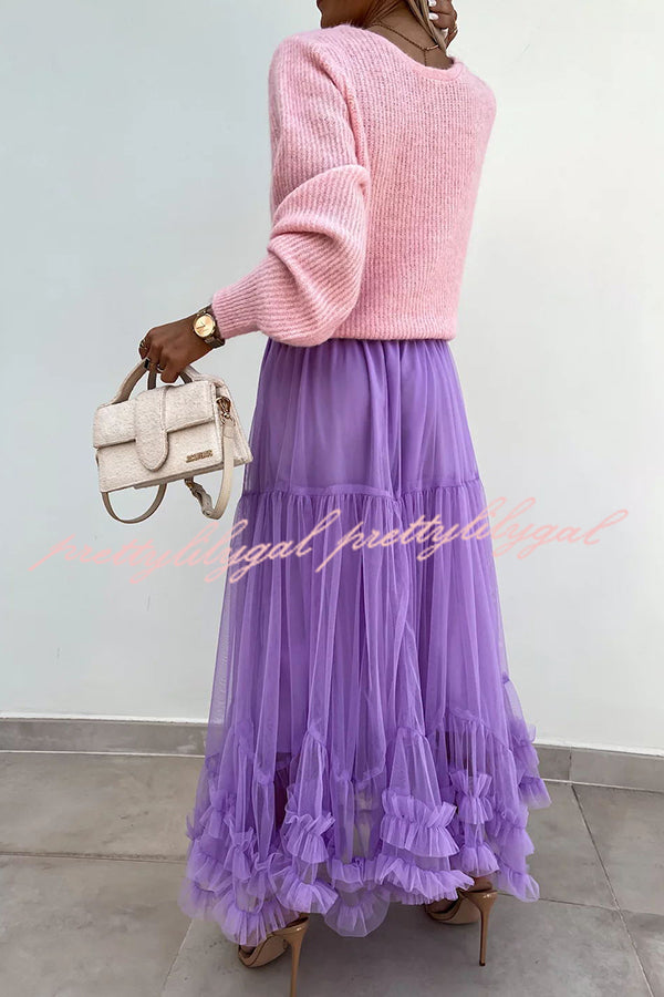 Elegant Tulle Stretch Waist Paneled Pleated Maxi Skirt