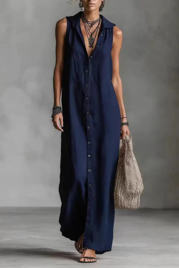 Solid Color Loose Single-breasted Sleeveless Casual Maxi Dress –  prettylilygal