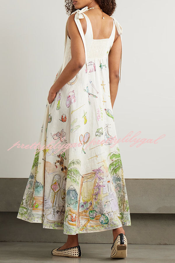 Euro Summer View Linen Blend Unique Print Tie-up Straps Pocket Midi Dress