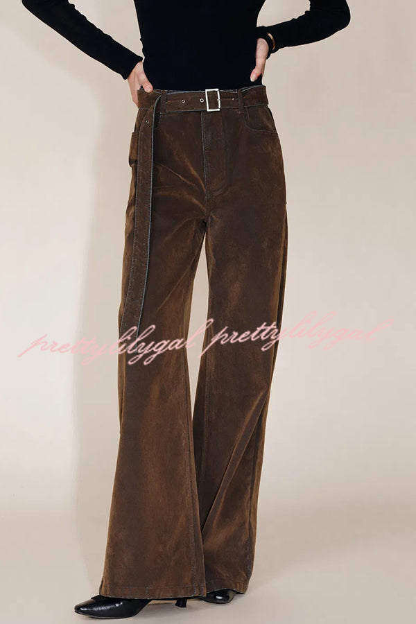 Taylor Denim Mid Rise Detachable Belt Flocked Pocket Wide Leg Jeans