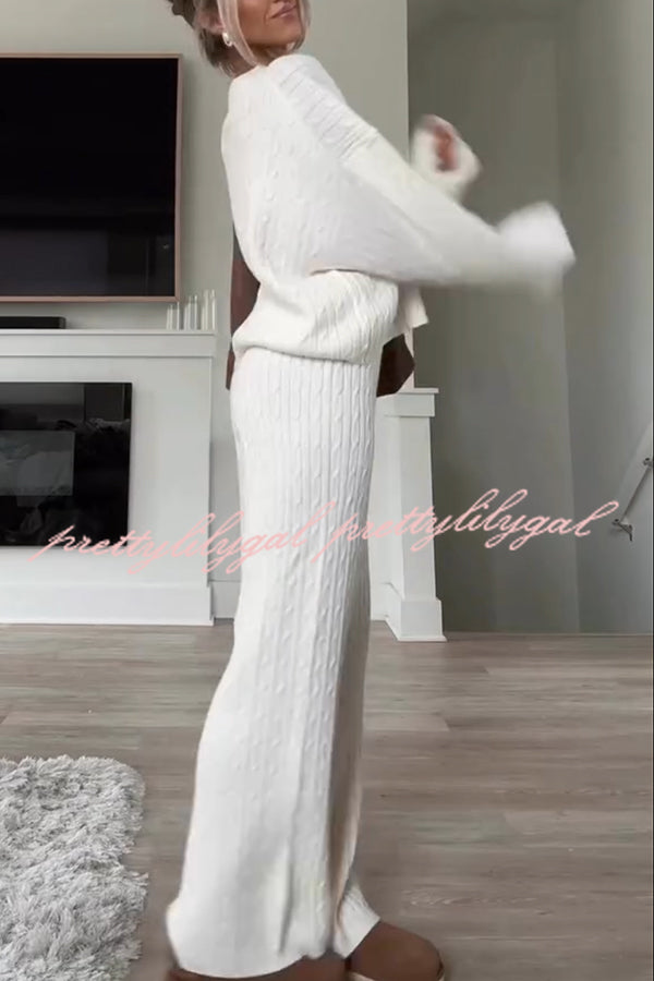 Autumn Travel Knit Cable Long Sleeve Sweater and Elastic High Waist Wide Leg Pants Set