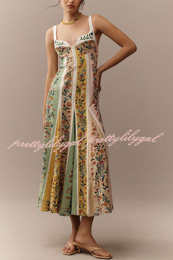 Sweet Garden Linen Blend Color Block Floral Paneled Maxi Dress