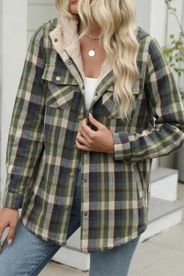 Fashion Plaid Long Sleeve Pocket Casual Hooded Jacket