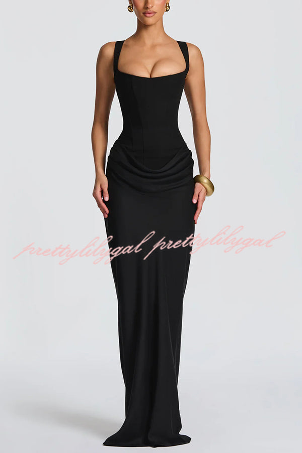 Larrah Square Neck Back Lace-up Satin Drape Hem Maxi Dress