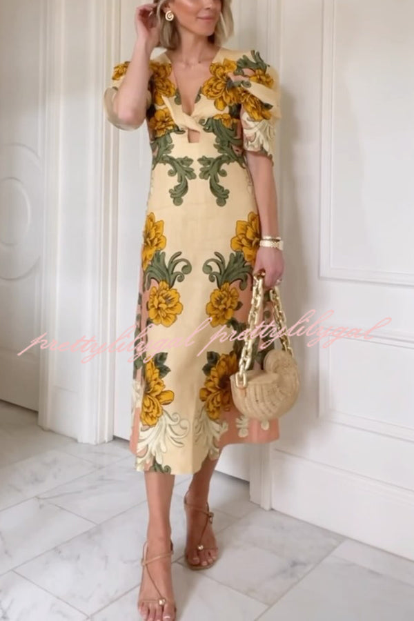 Flower Vine Linen Blend Unique Print Twist Cutout Neck Puff Sleeve Midi Dress