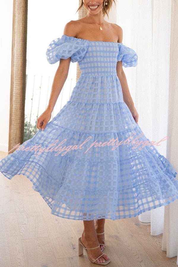 Dare To Dance Square Pattern Fabric Smocked Puff Sleeve Midi Dress