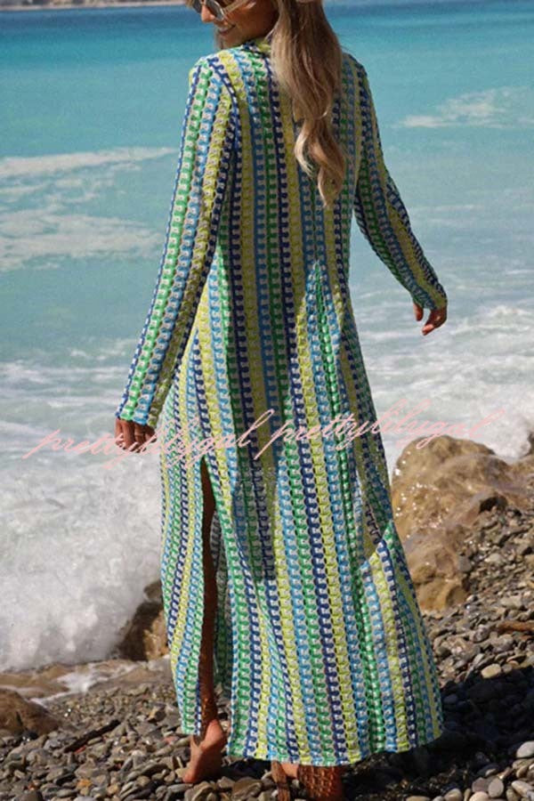 Eleanor Knit Colorful Wave Unique Print Shirt U-neck Long Sleeve Slit Maxi Dress