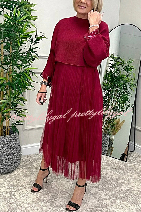 Fenna Ribbed Sequin Trim Batwing Sleeve Sweater and Pleated Tulle Stretch Tank Midi Dress Two-piece Set